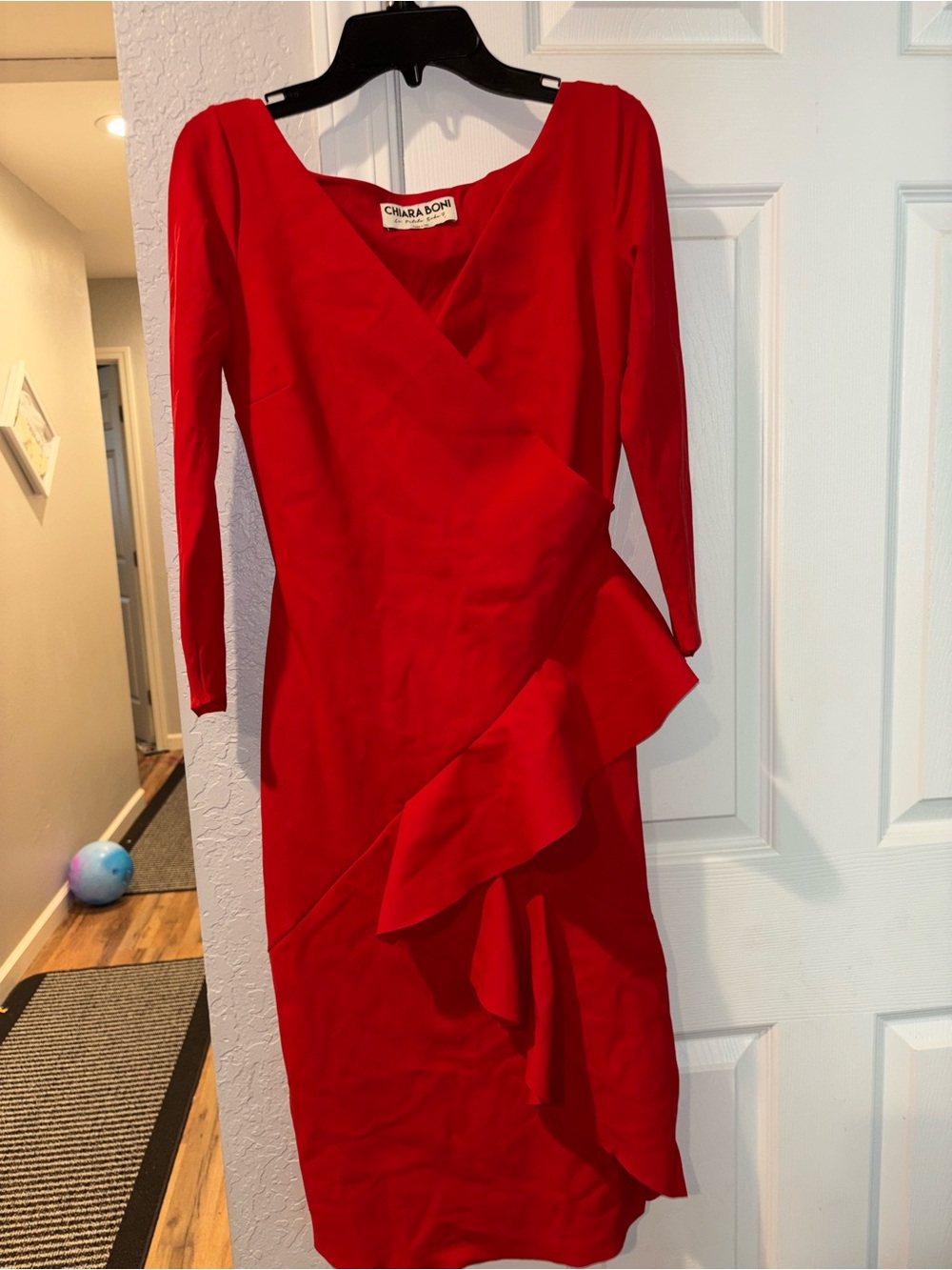 Chiara Boni Red Long-Sleeve Ruffle Wrap Midi Dress